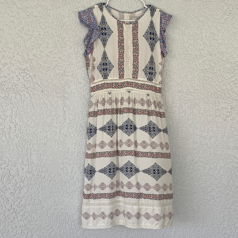 Loft  Midi Dress with Navy & Rust Print embroidered detailing size 4 - Picture 3 of 11